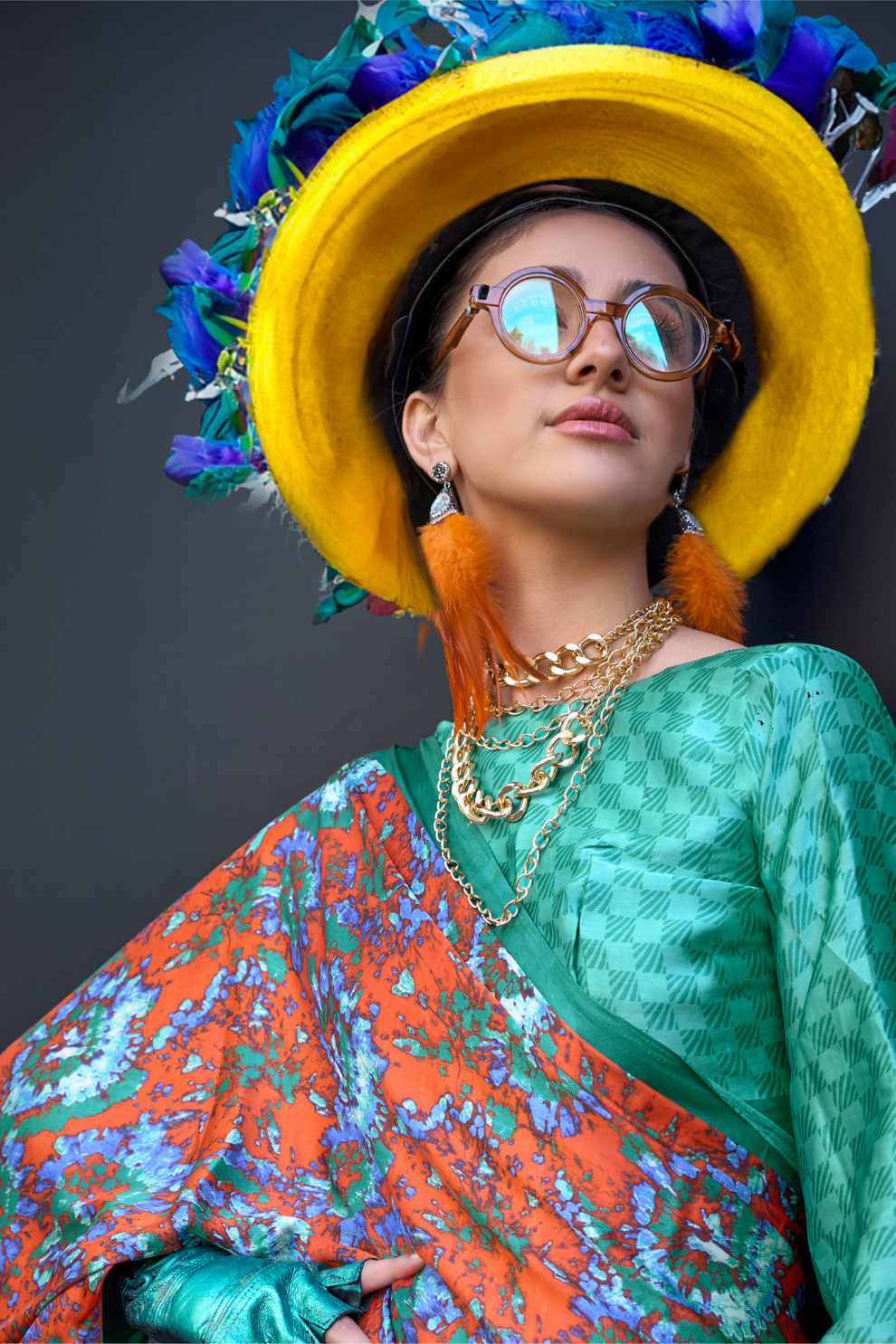 Contemporary Print Satin Crepe Saree with Chic Glossy Drape