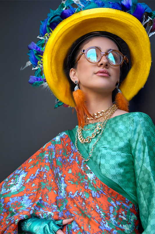 Contemporary Print Satin Crepe Saree with Chic Glossy Drape