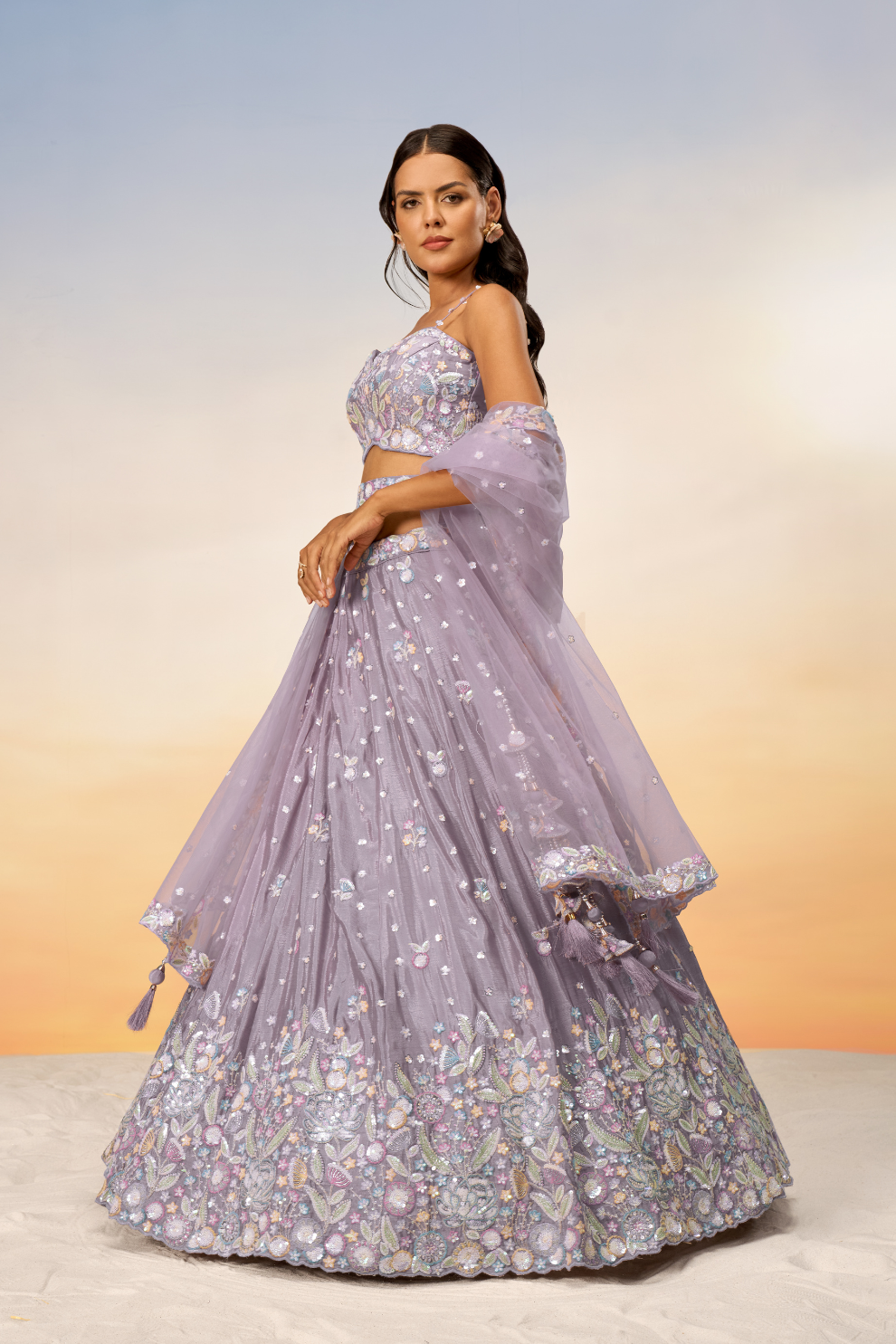 Chiffon Sequins And Thread Embroidery Lehenga Choli Dupatta