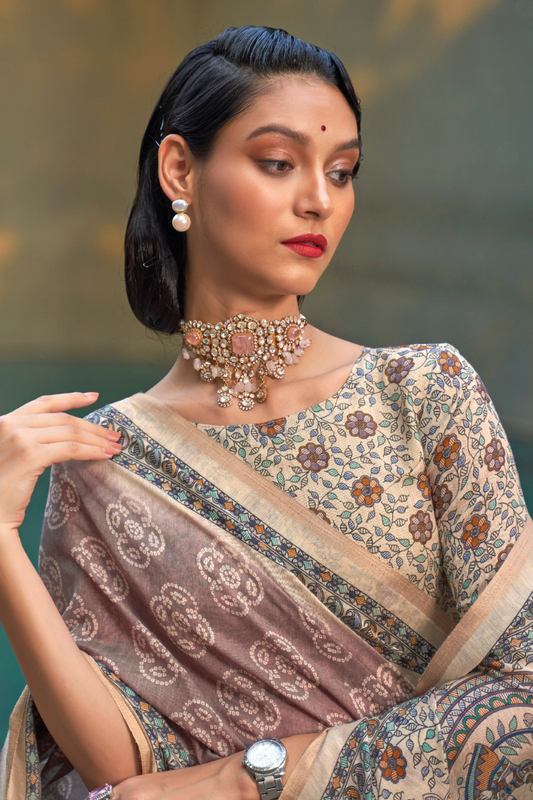 Printed Silk Blend Saree with Artistic Traditional Motifs