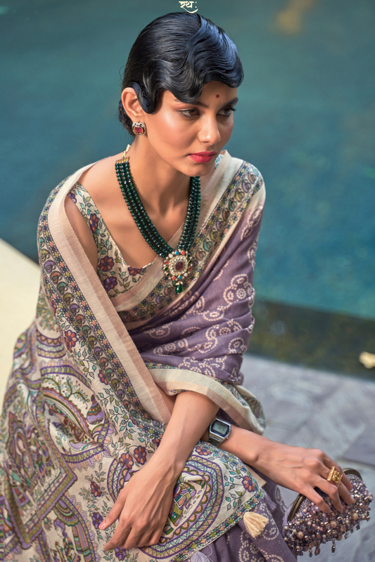 Printed Silk Blend Saree with Artistic Traditional Motifs