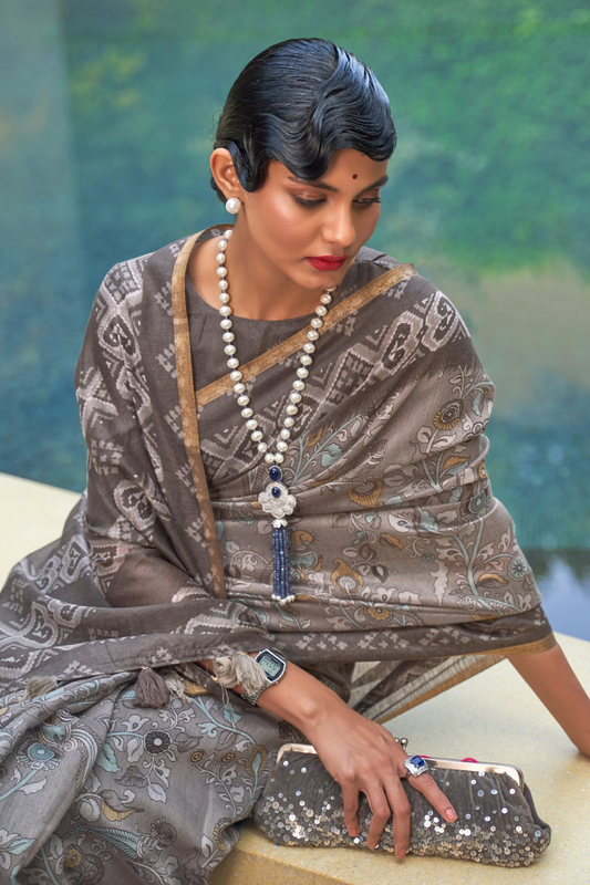 Printed Silk Blend Saree with Artistic Traditional Motifs