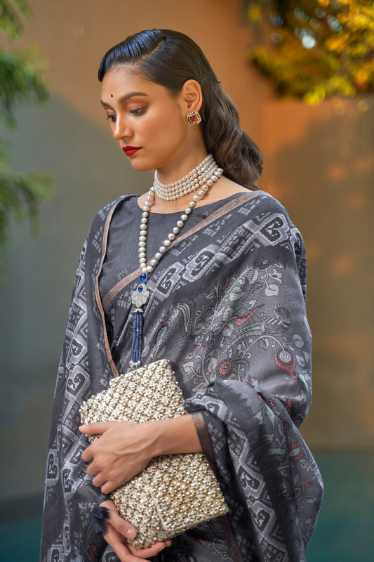 Printed Silk Blend Saree with Artistic Traditional Motifs