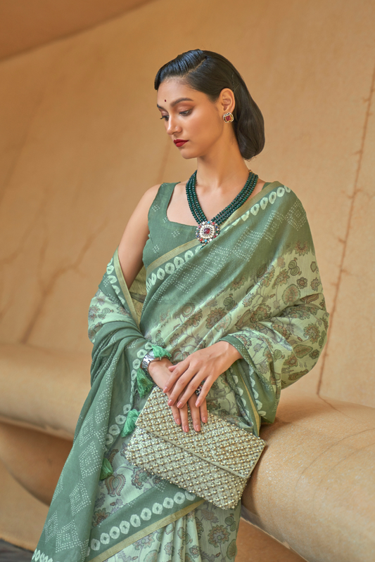 Printed Silk Blend Saree with Artistic Traditional Motifs