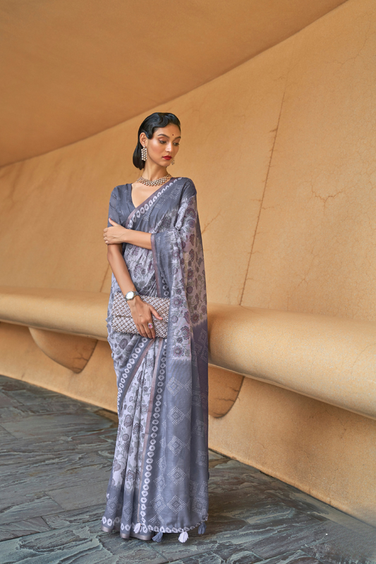 Printed Silk Blend Saree with Artistic Traditional Motifs