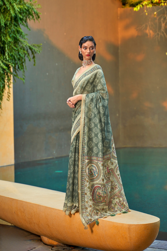 Printed Silk Blend Saree with Artistic Traditional Motifs