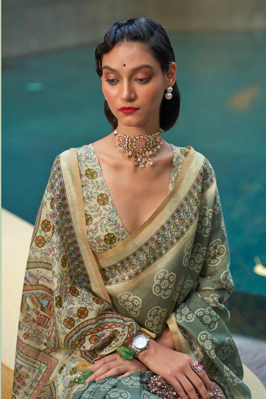 Printed Silk Blend Saree with Artistic Traditional Motifs