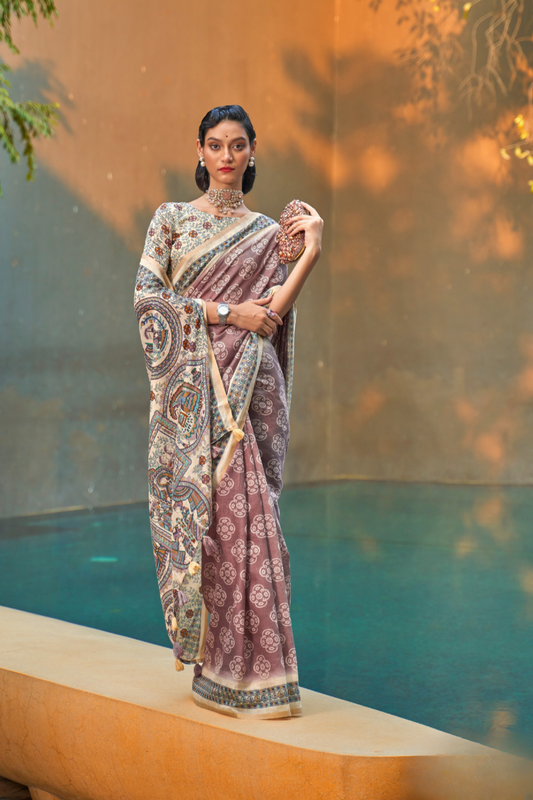 Printed Silk Blend Saree with Artistic Traditional Motifs