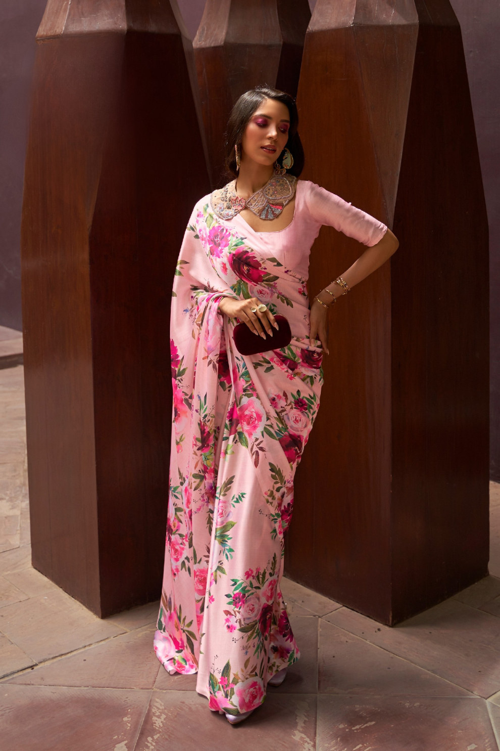 Digital Printed Satin Creep Saree with Smooth Silken Drape