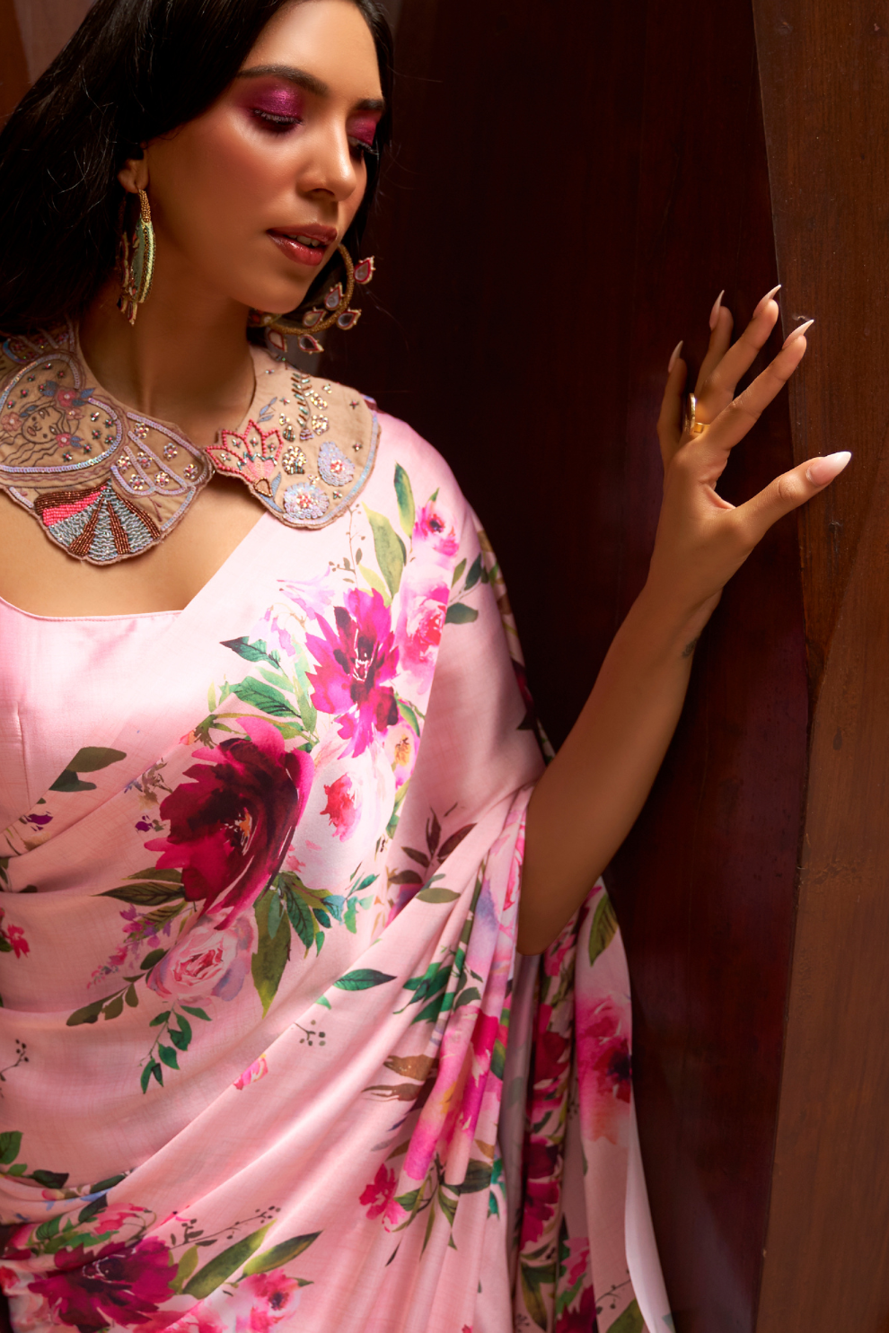 Digital Printed Satin Creep Saree with Smooth Silken Drape