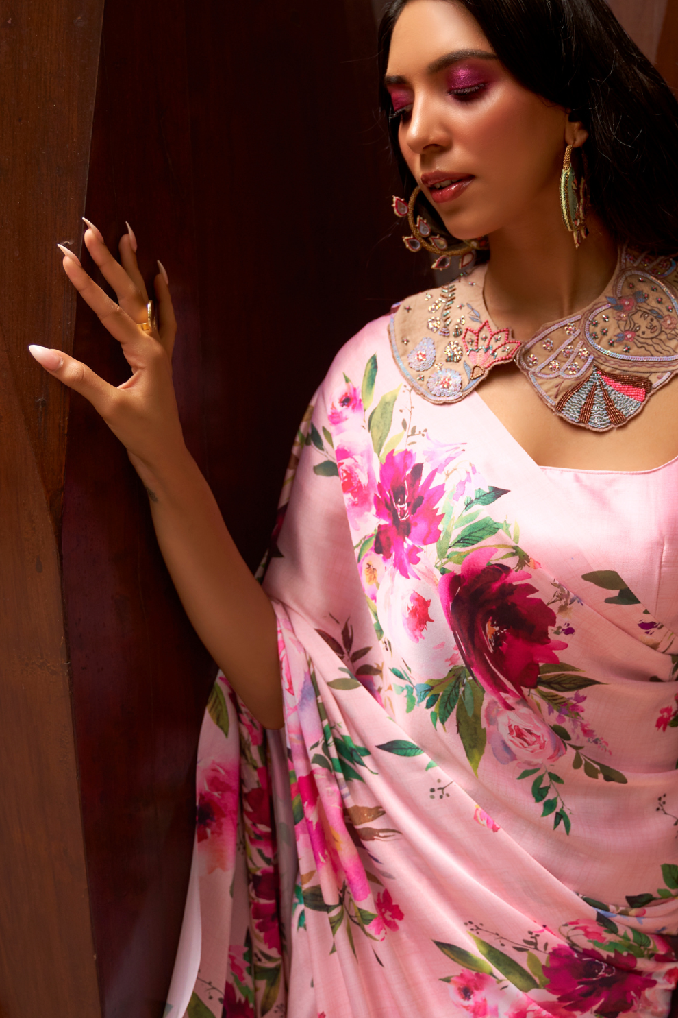 Digital Printed Satin Creep Saree with Smooth Silken Drape