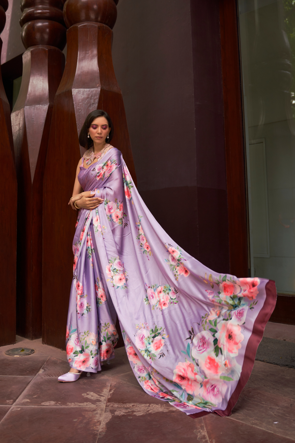 Digital Printed Satin Creep Saree with Smooth Silken Drape