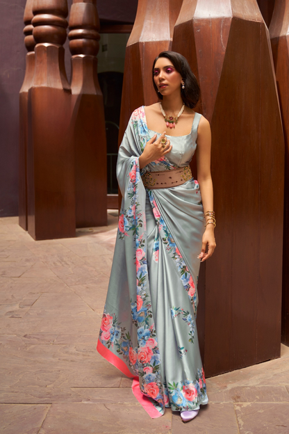 Digital Printed Satin Creep Saree with Smooth Silken Drape