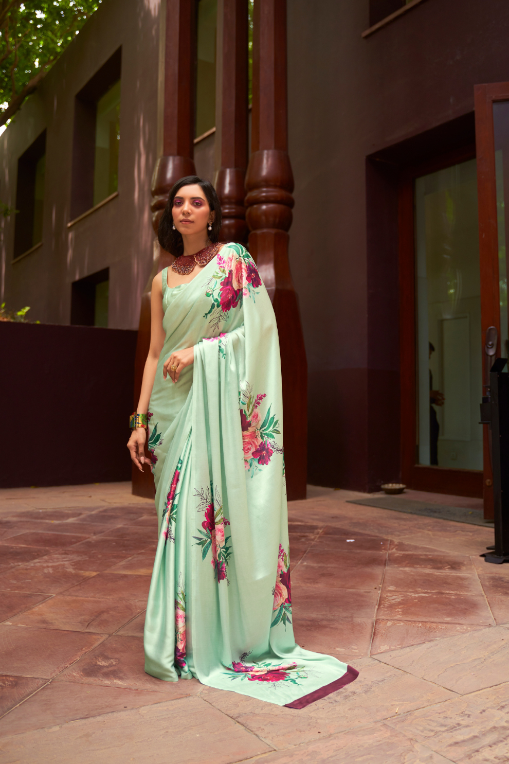 Digital Printed Satin Creep Saree with Smooth Silken Drape