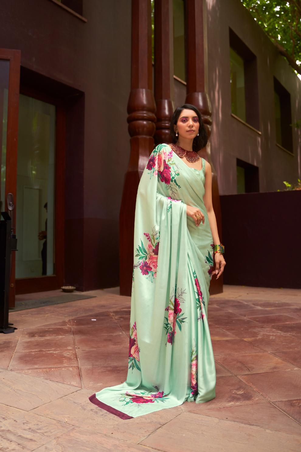 Digital Printed Satin Creep Saree with Smooth Silken Drape