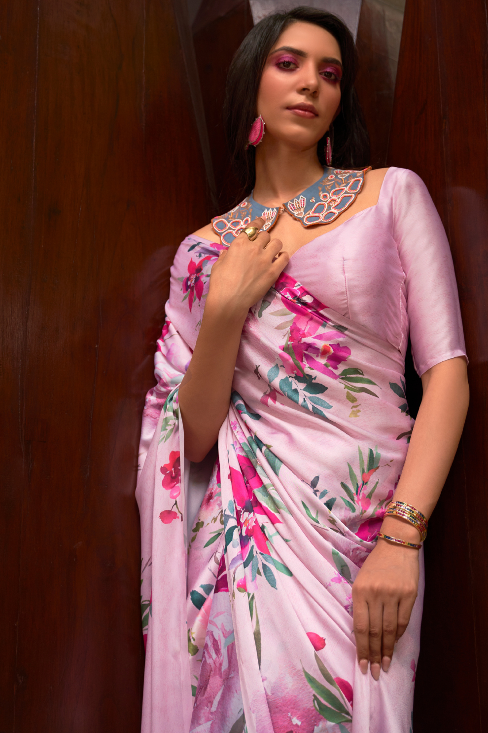 Digital Printed Satin Creep Saree with Smooth Silken Drape