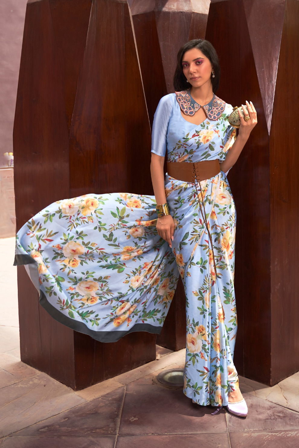 Digital Printed Satin Creep Saree with Smooth Silken Drape