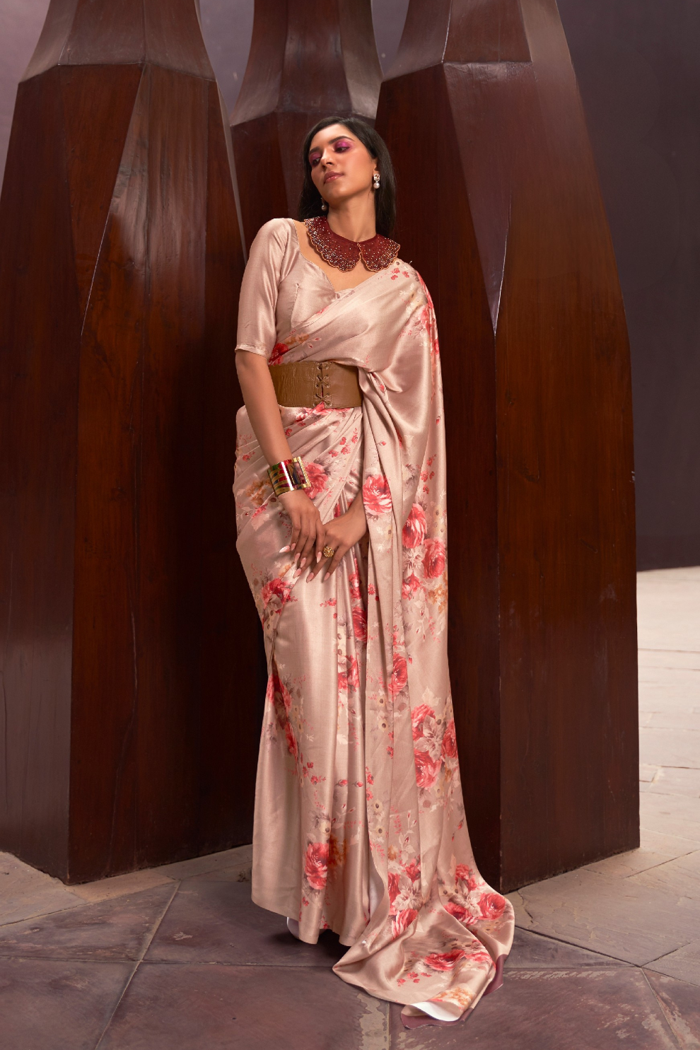 Digital Printed Satin Creep Saree with Smooth Silken Drape