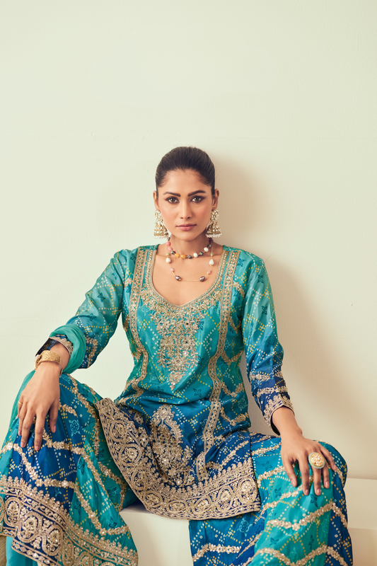 Royal Radiance Chinnon With Heavy Embroiderd Work  Palazzo Suit for the Modern Diva