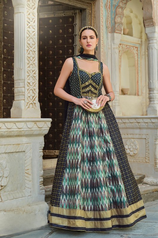 Black Foil Printed Silk Embroidered Festive Anarkali Gown - LaVante Fashion