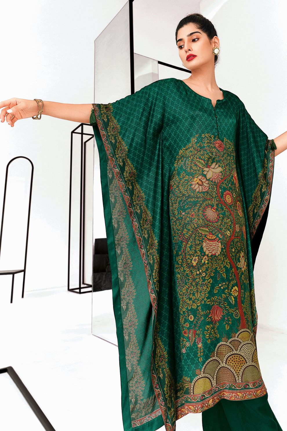 Gaji Silk Printed Kaftan Top Paired with Cotton Bottom