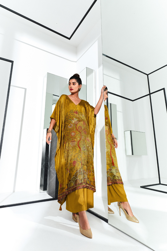 Gaji Silk Printed Kaftan Top Paired with Cotton Bottom