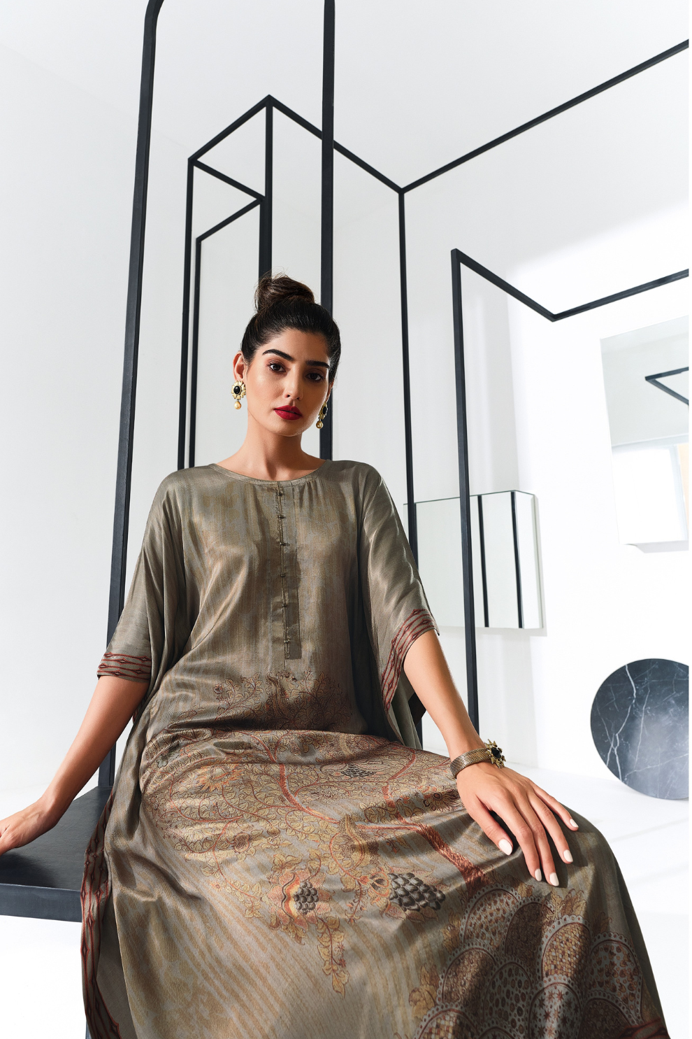 Gaji Silk Printed Kaftan Top Paired with Cotton Bottom