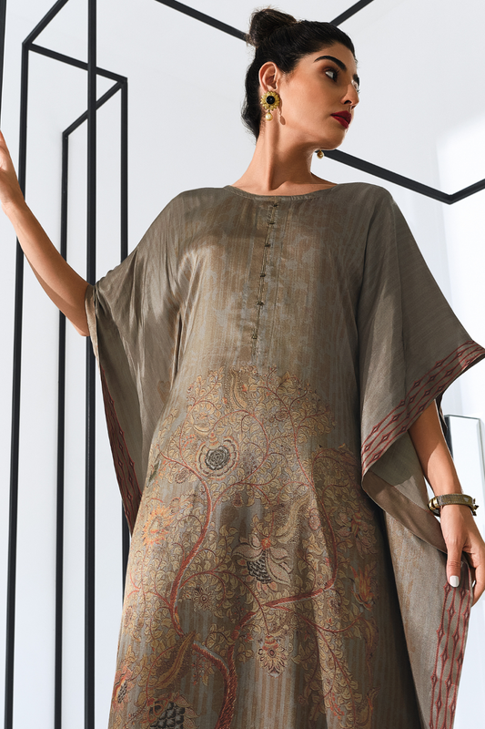 Gaji Silk Printed Kaftan Top Paired with Cotton Bottom