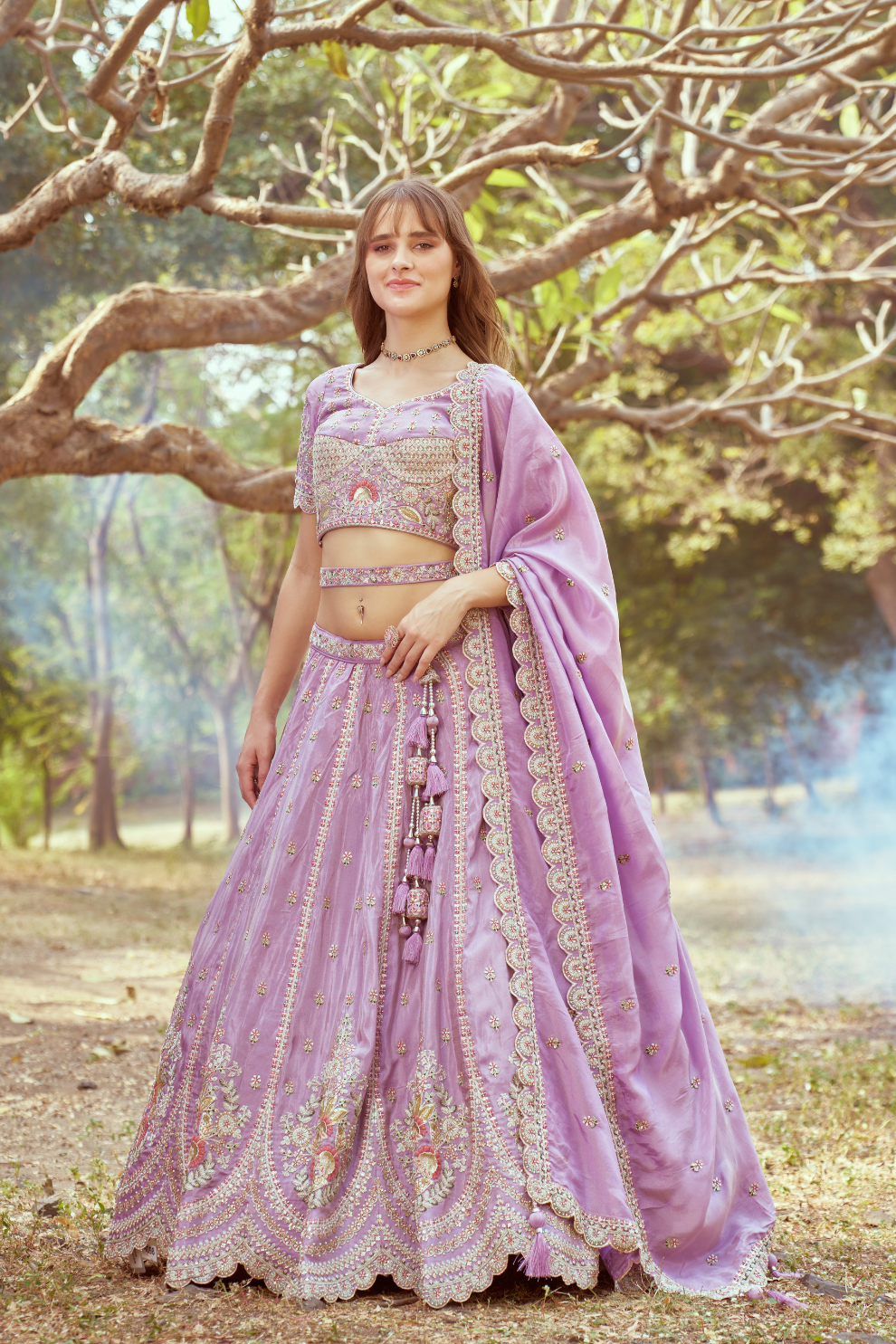Gold Crushed Tissue Lehenga Choli with Moti and Zari Work