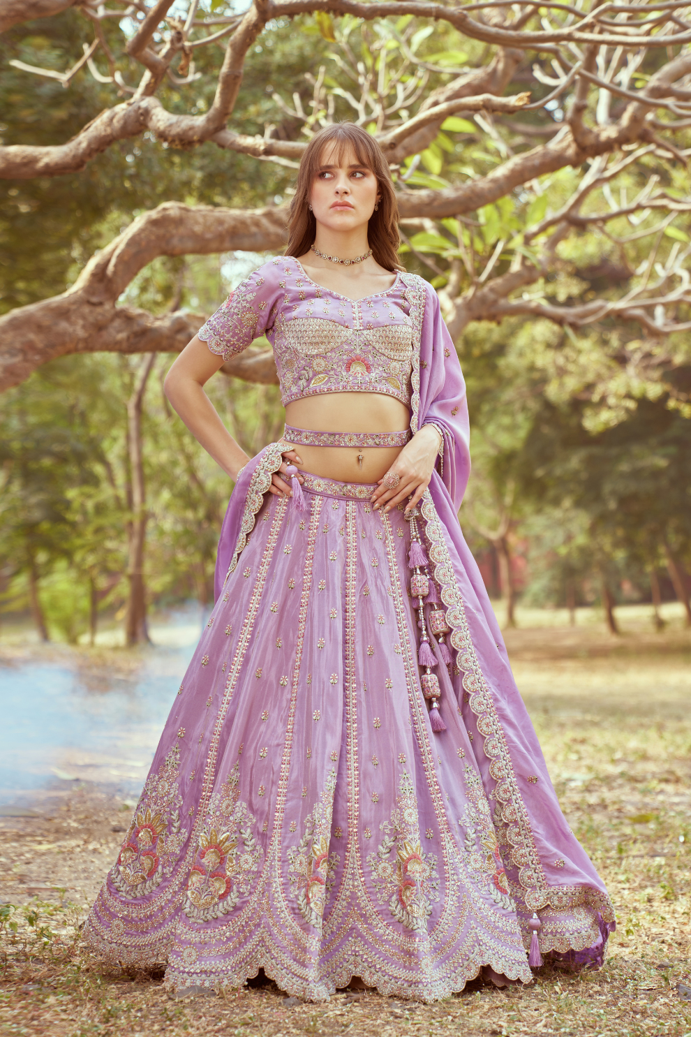 Gold Crushed Tissue Lehenga Choli with Moti and Zari Work