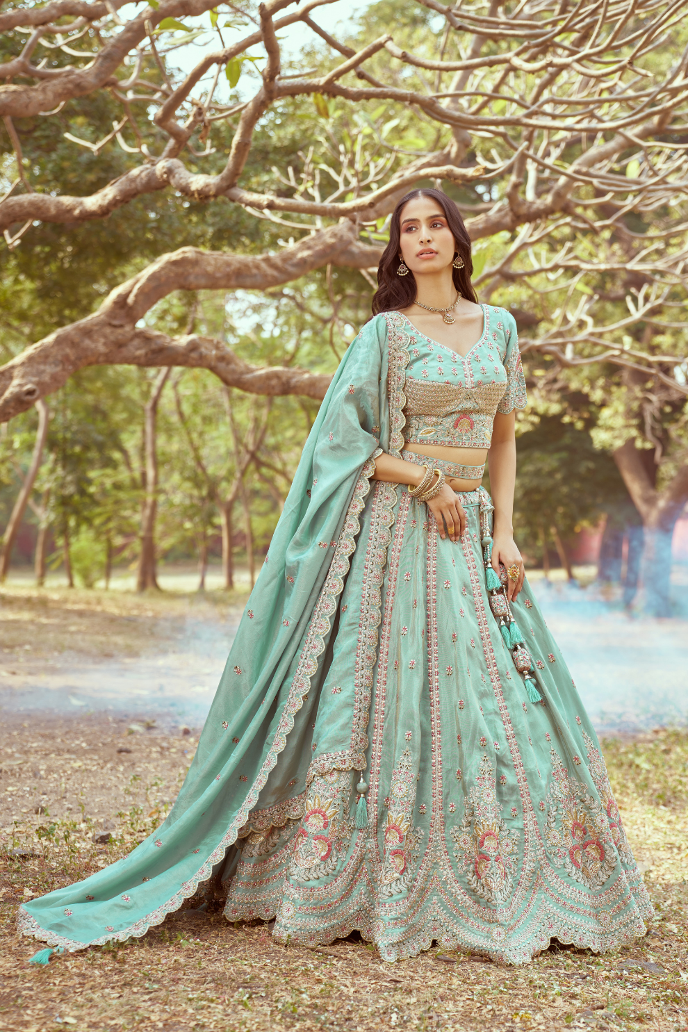 Gold Crushed Tissue Lehenga Choli with Moti and Zari Work