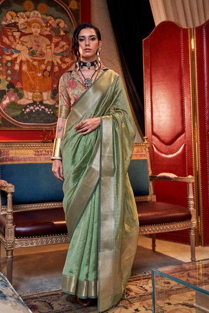 Handwoven Moss Chiffon Saree with Heavy Jacquard Blouse