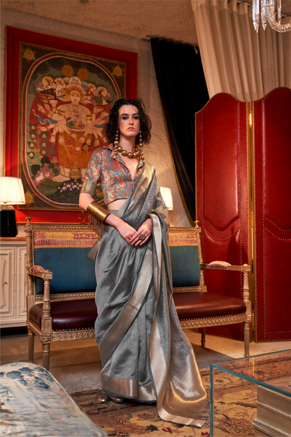 Handwoven Moss Chiffon Saree with Heavy Jacquard Blouse