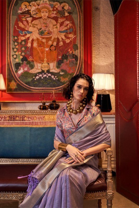 Handwoven Moss Chiffon Saree with Heavy Jacquard Blouse