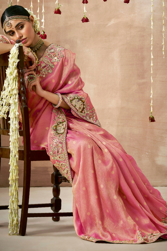 Tissue Dola Silk Embroidered Wedding Saree for Timeless Elegance