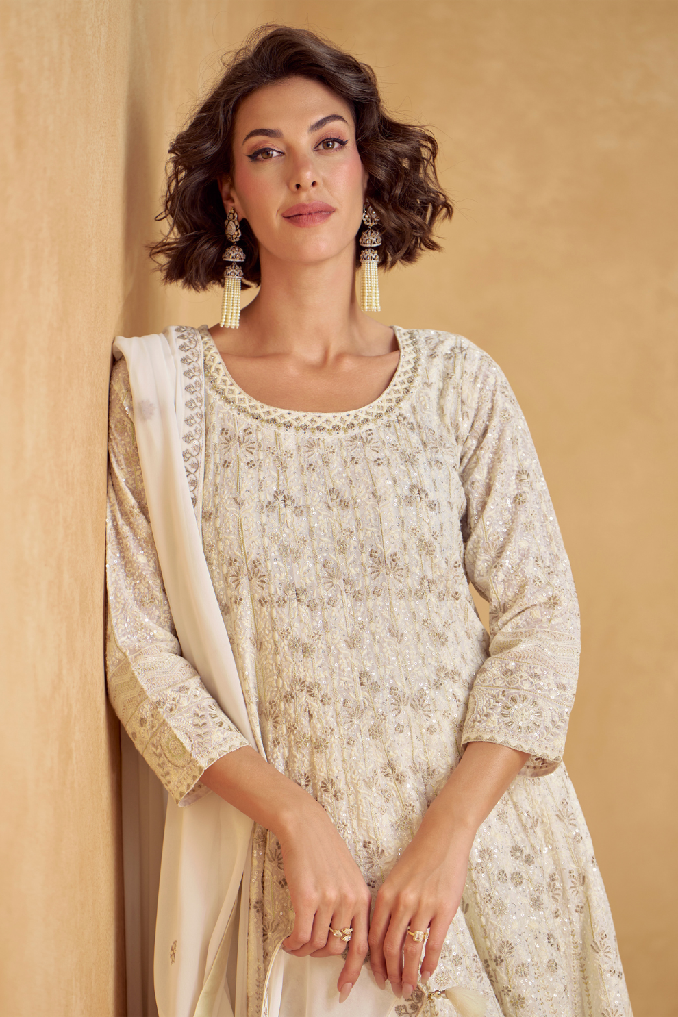 Elegance Redefined: Full-Length Indo-Western Dress with Zari Detailing for Luxe Festive Looks