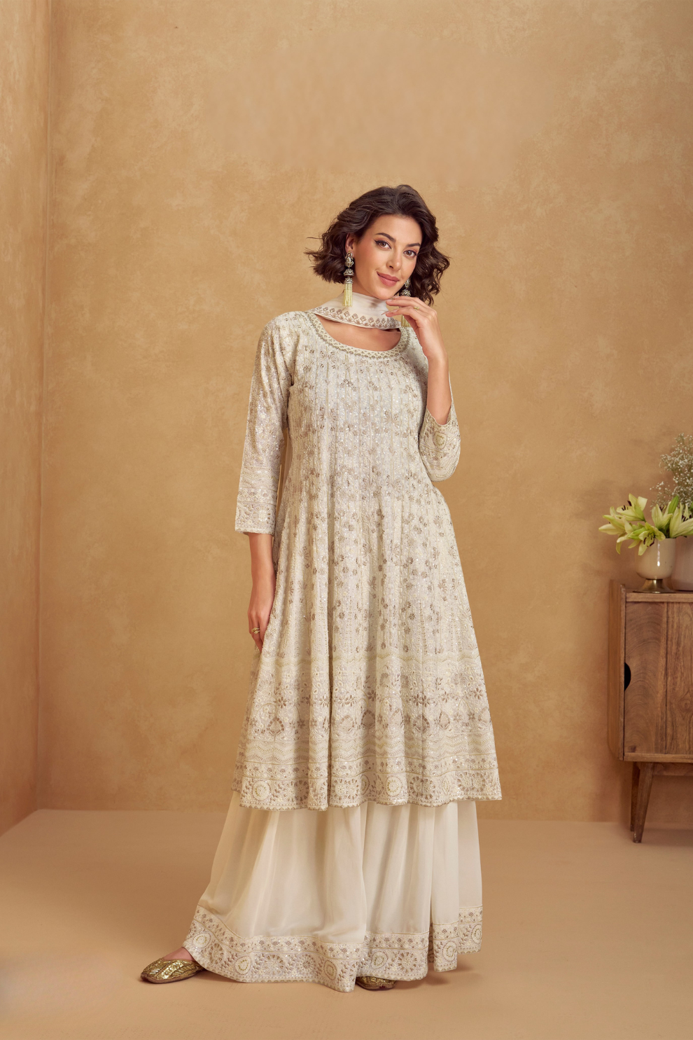 Elegance Redefined: Full-Length Indo-Western Dress with Zari Detailing for Luxe Festive Looks