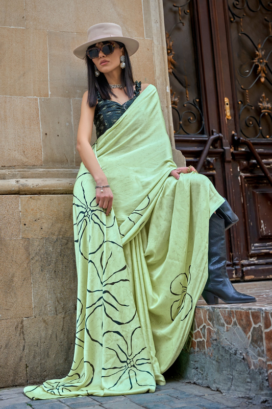 Japan Satin Printed Saree with Elegant Silken Drape Finish