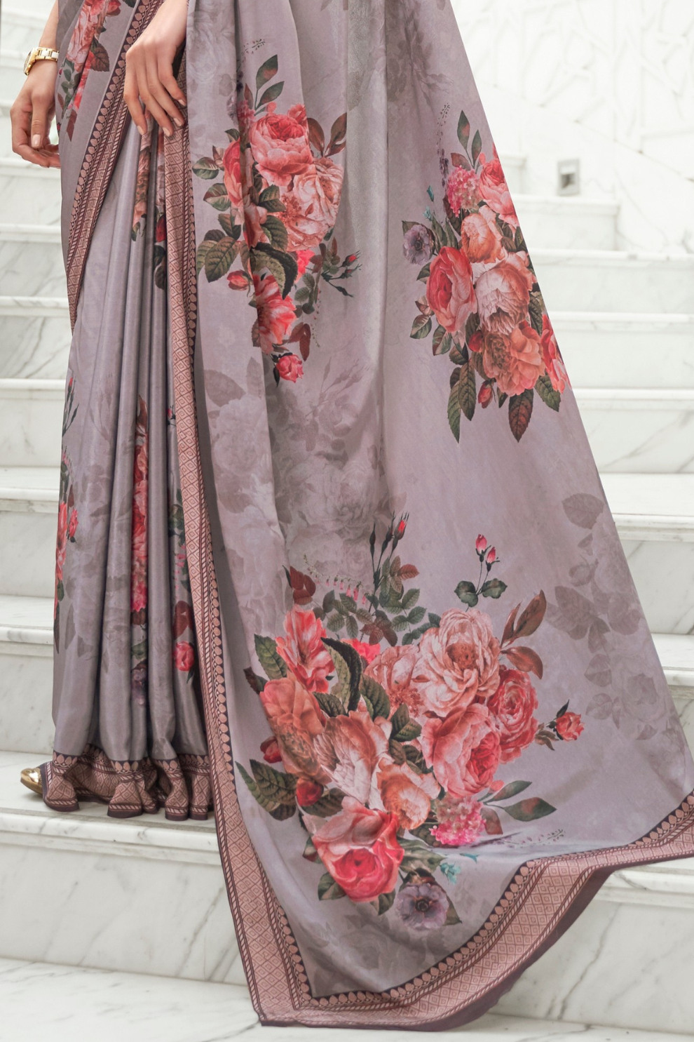 Digital Floral Printed Crepe Silk Saree with Graceful Drape