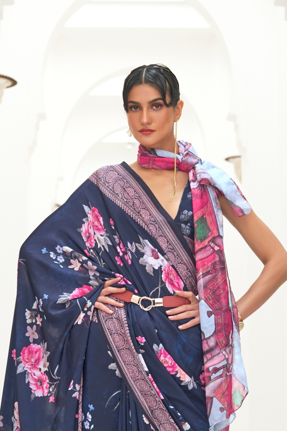 Digital Floral Printed Crepe Silk Saree with Graceful Drape