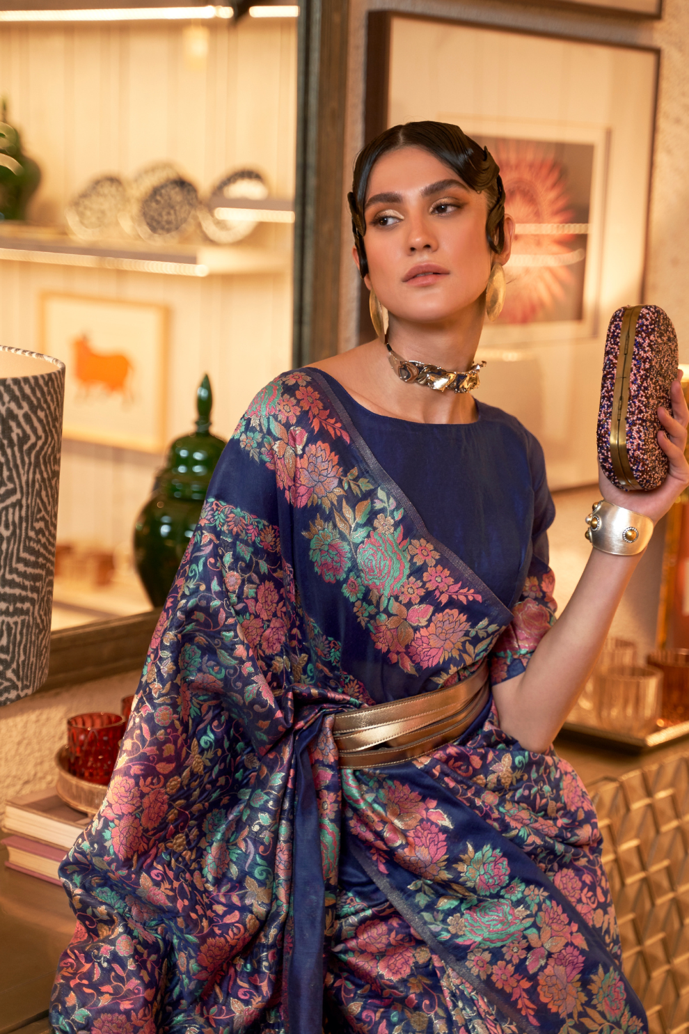 Floral Zari Silk Blend Banarasi Saree with Elegant Weave