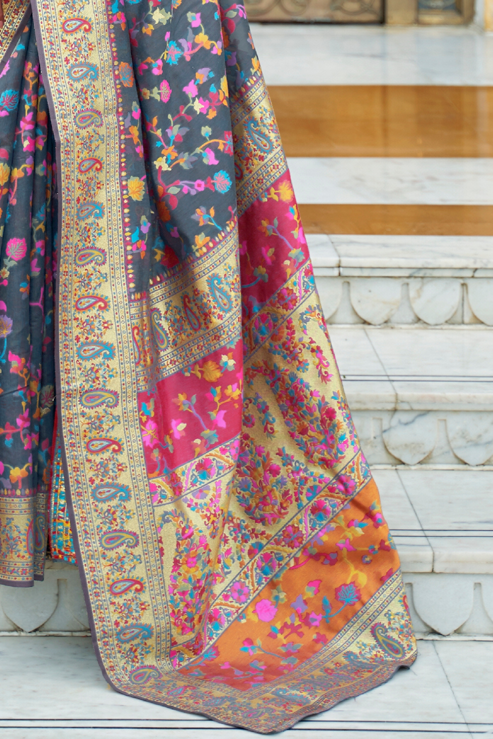 Premium Floral Banarasi Saree with Pashmina Silk Look