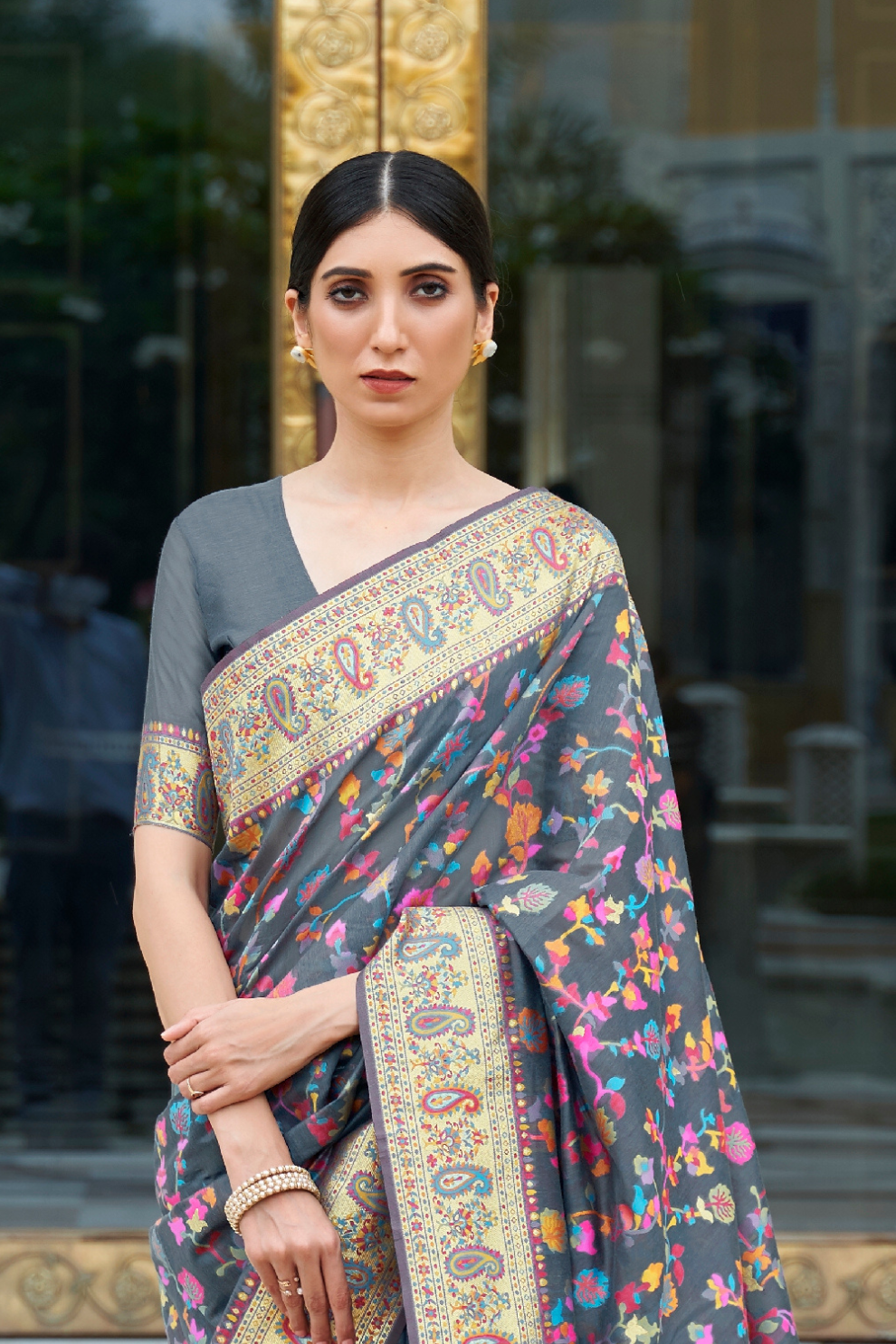Premium Floral Banarasi Saree with Pashmina Silk Look