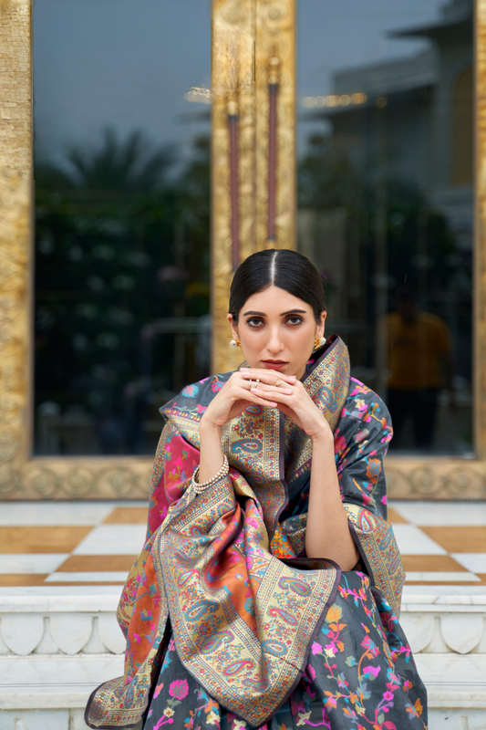 Premium Floral Banarasi Saree with Pashmina Silk Look