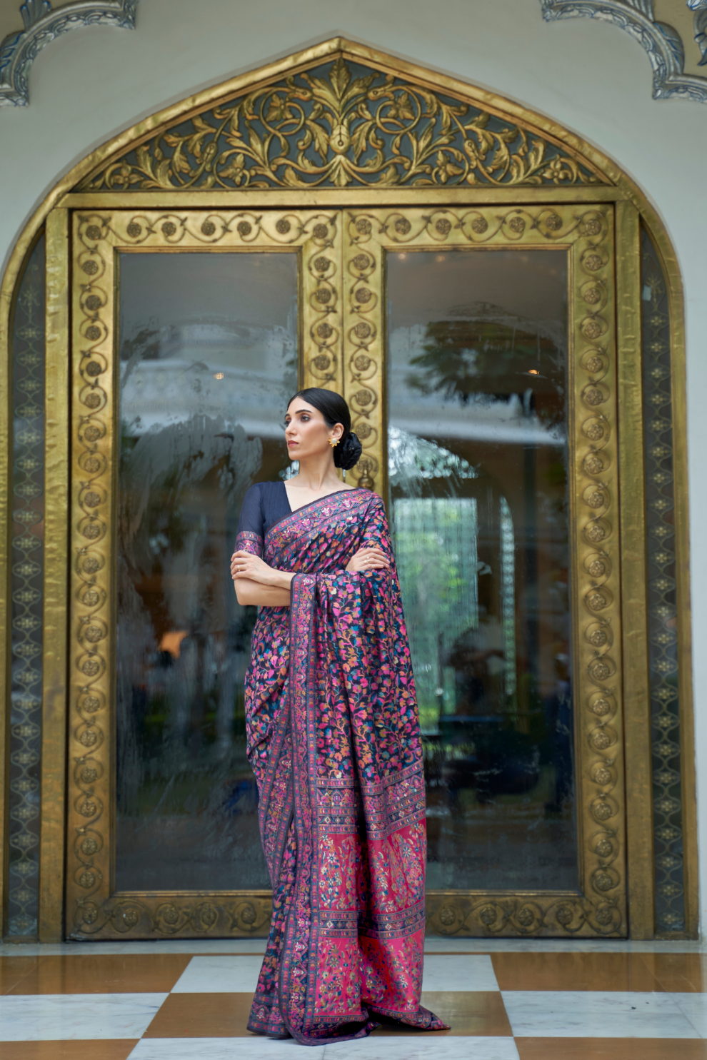 Premium Floral Banarasi Saree with Pashmina Silk Look