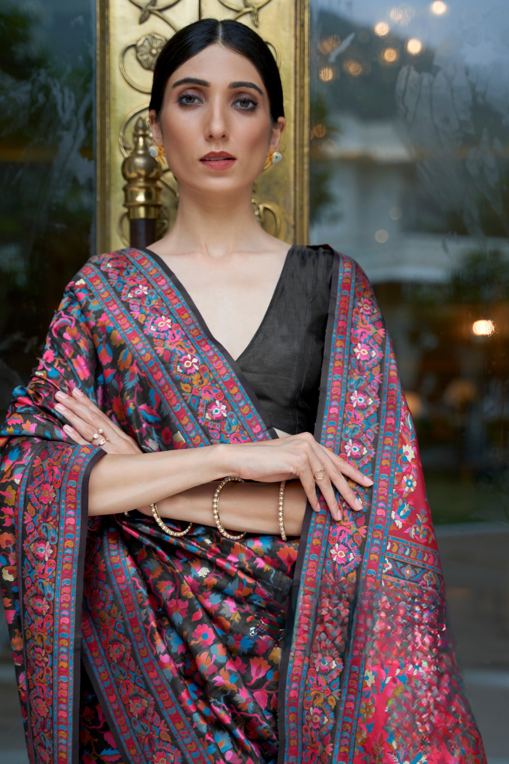 Premium Floral Banarasi Saree with Pashmina Silk Look