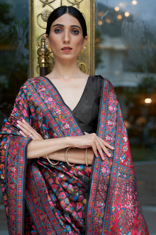 Premium Floral Banarasi Saree with Pashmina Silk Look