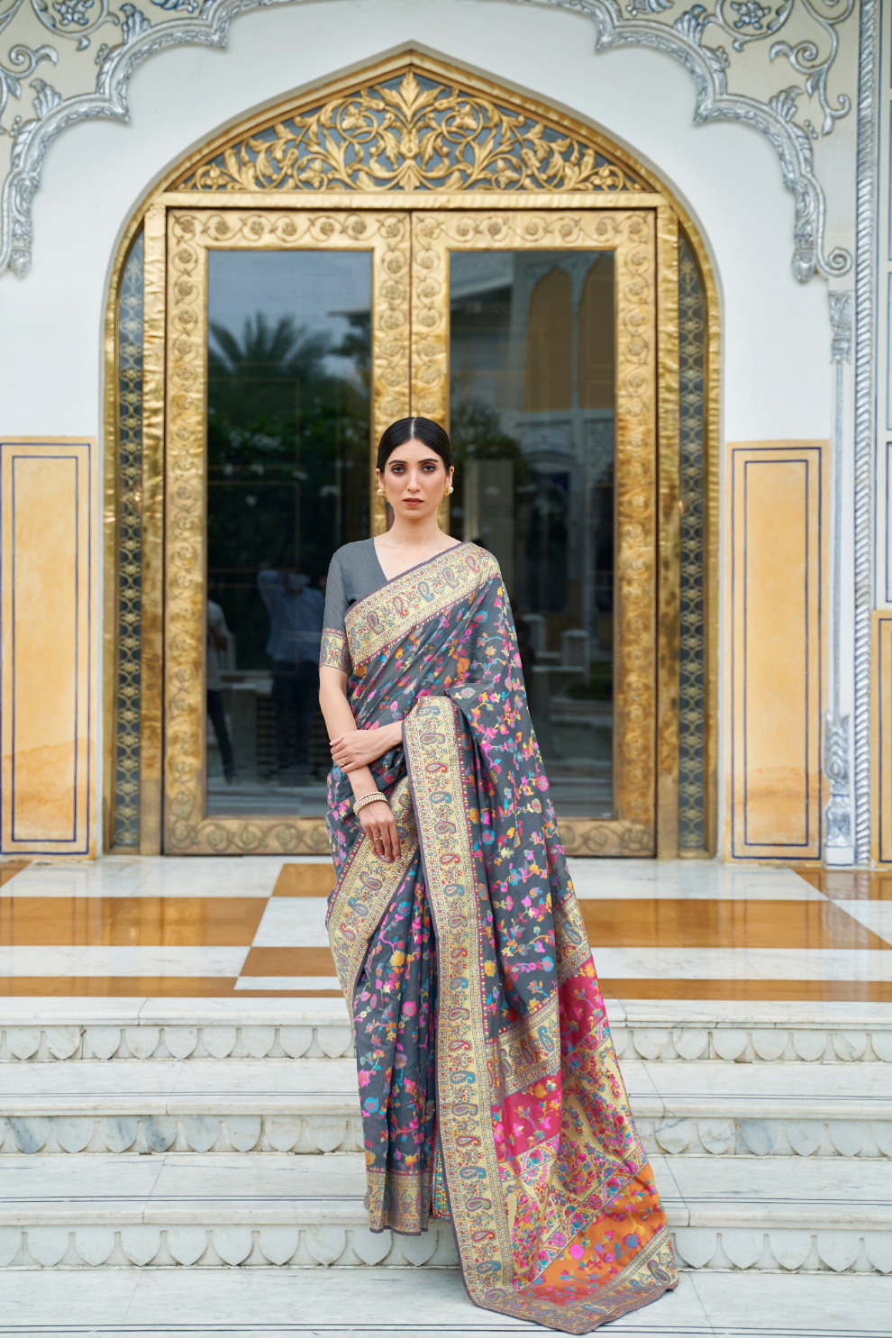 Premium Floral Banarasi Saree with Pashmina Silk Look