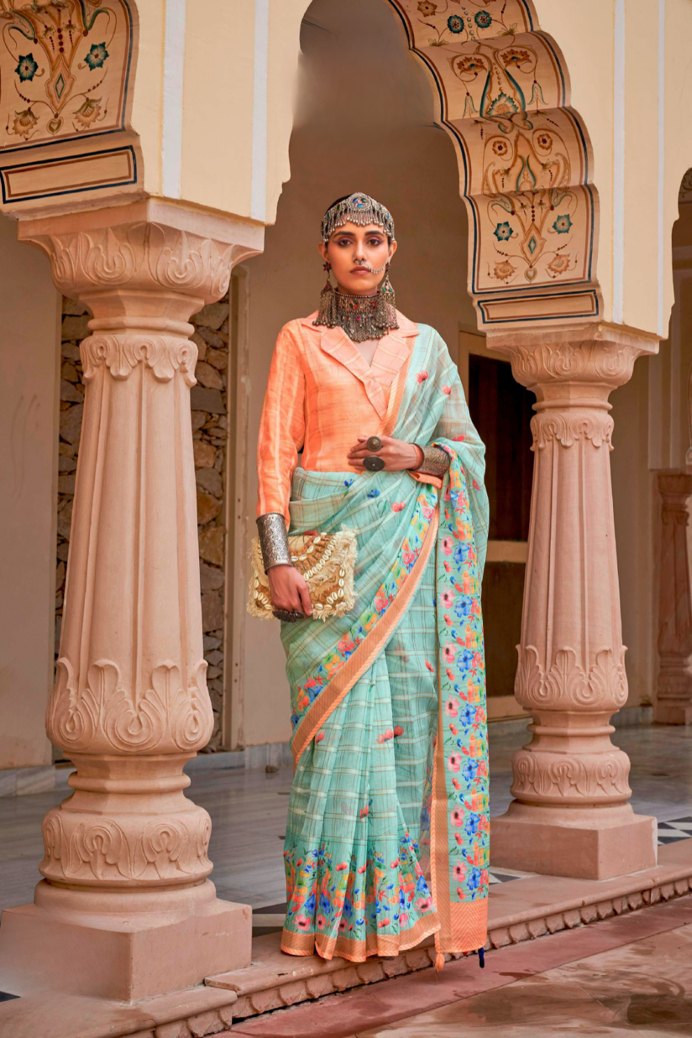 Graceful Linen Kora Saree with Woven Checks & Floral Elegance - LaVante Fashion