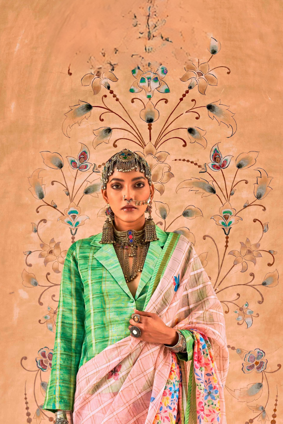 Graceful Linen Kora Saree with Woven Checks & Floral Elegance - LaVante Fashion